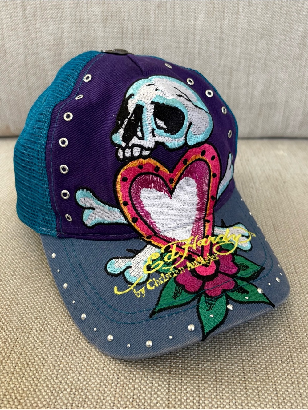 Rare Vintage Ed Hardy Hat by Christian Audigier SKULL HEART Trucker Cap w/ Studs